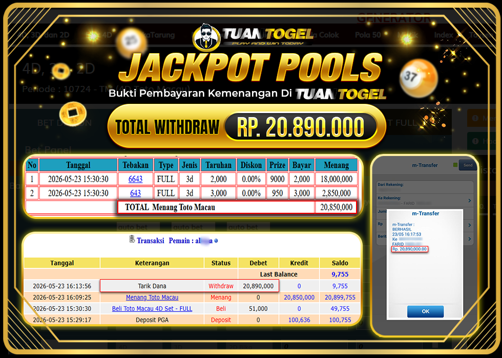 TUANTOGEL JACKPOT TOGEL TOTO MACAU Rp 20.890.000, - LUNAS